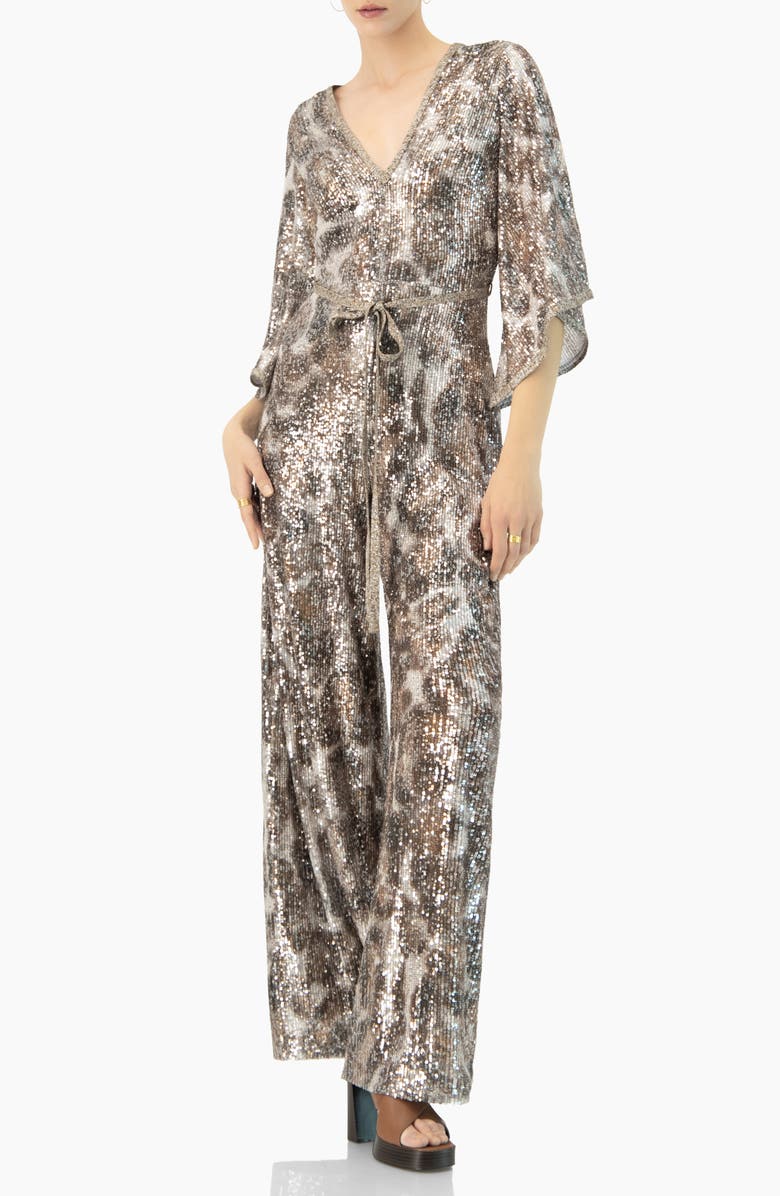 IVONNE Sequin Wide-Leg, V-Neck Jumpsuit, Alternate, color, Copper