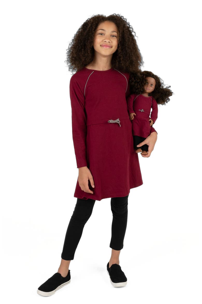 Girls Bow Tie Dress with Matching Doll Dress, Alternate, color, MAROON
