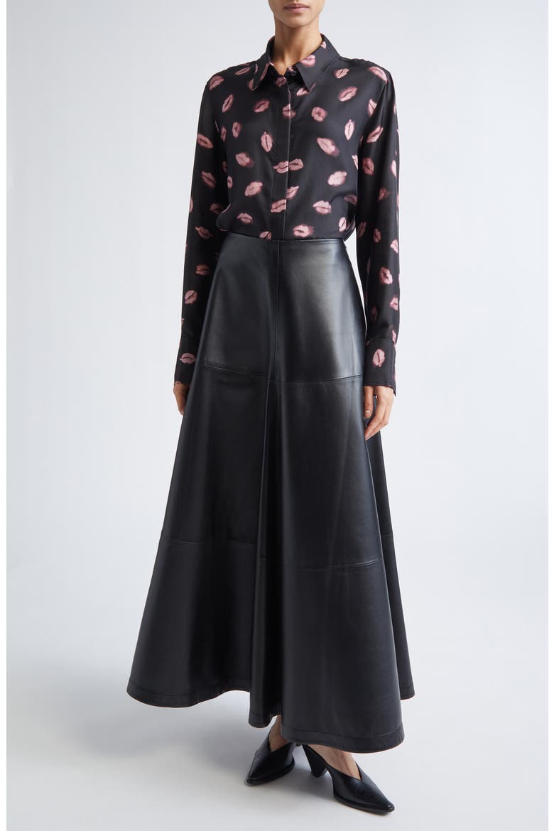 Varda Lambskin A-Line Midi Skirt, Alternate, color, 000001 BLACK