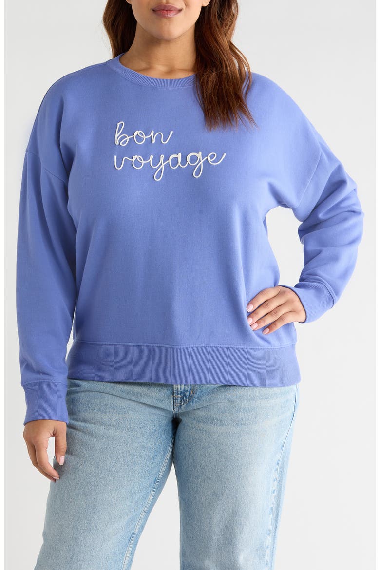Bon Voyage Embroidered Fleece Sweatshirt, Main, color, BLUE DENIM BON VOYAGE