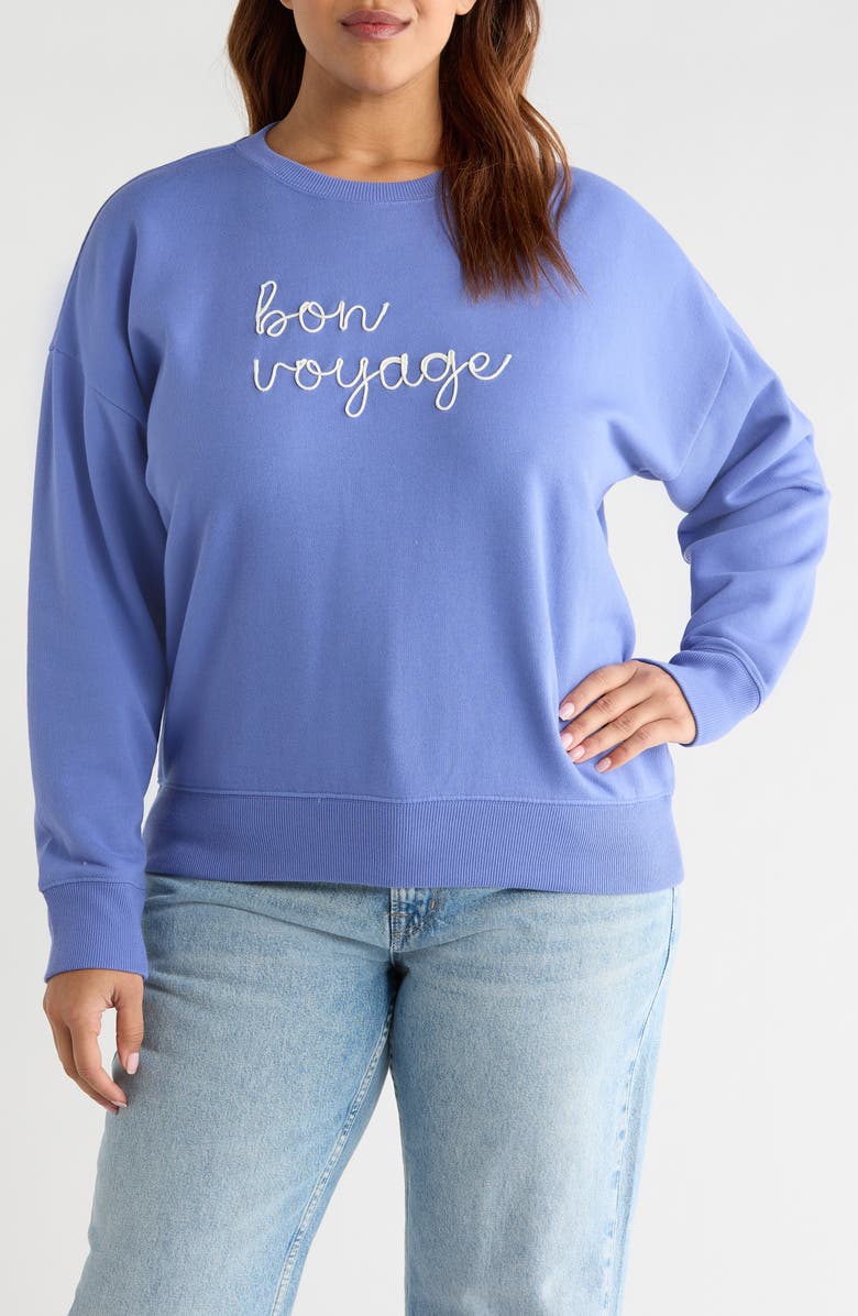Caslon<sup>®</sup> Bon Voyage Embroidered Fleece Sweatshirt, Main, color, Blue Denim Bon Voyage