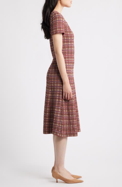 Misook A-line Plaid Multi-stitch Knit Midi Dress In Brown