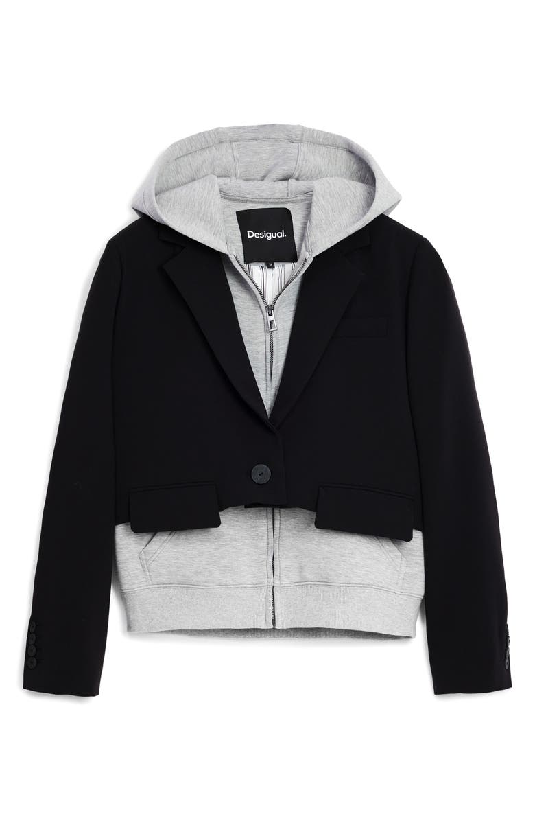 Desigual Layered Hooded Blazer, Alternate, color, Black