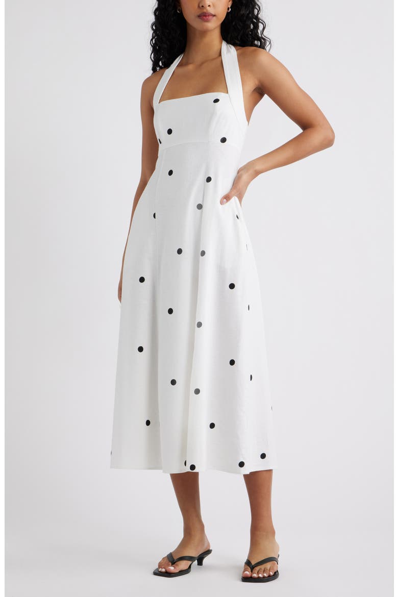 Linen Blend Halter Midi Dress, Main, color, WHITE- BLACK GRANDE DOT
