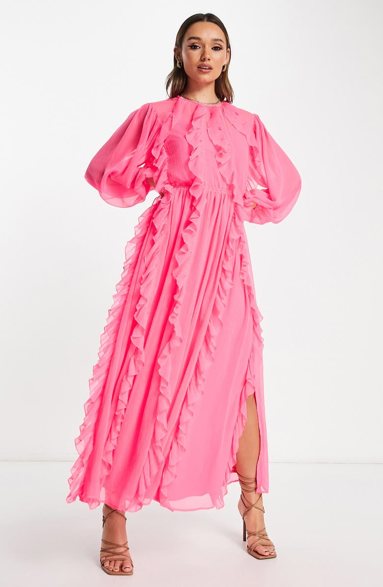 ASOS DESIGN Ruffle Detail Long Sleeve Maxi Dress, Main, color,