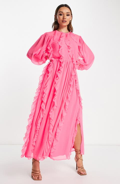 Ruffle Detail Long Sleeve Maxi Dress