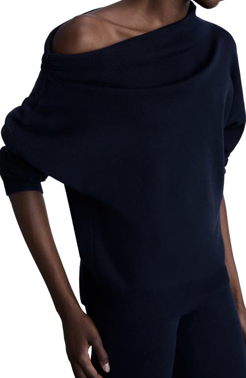 Mango Asymmetric Mock Neck Off The Shoulder Sweater In Dark Navy