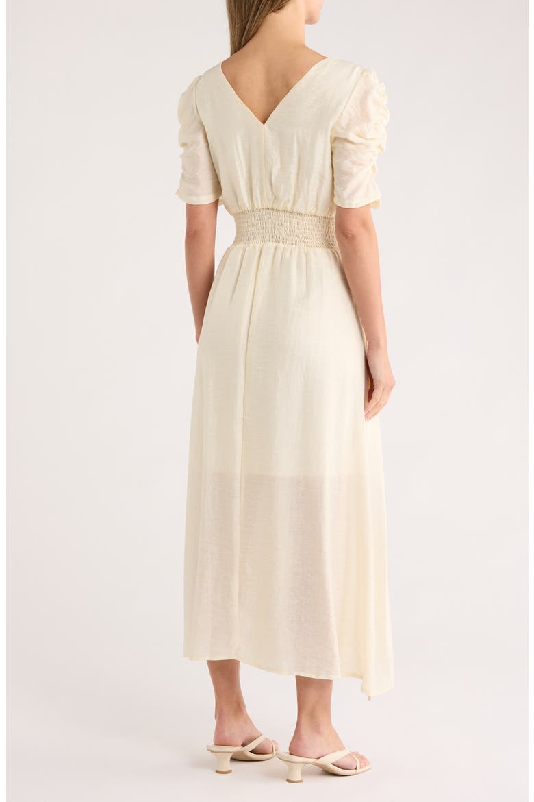 Ruched Sleeve V-Neck Midi Dress, Alternate, color, PALE YELLOW