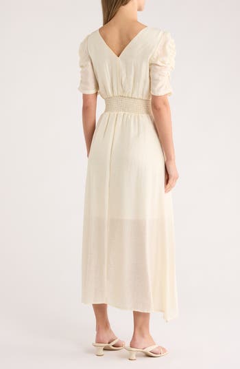 Ruched Sleeve V-Neck Midi Dress
