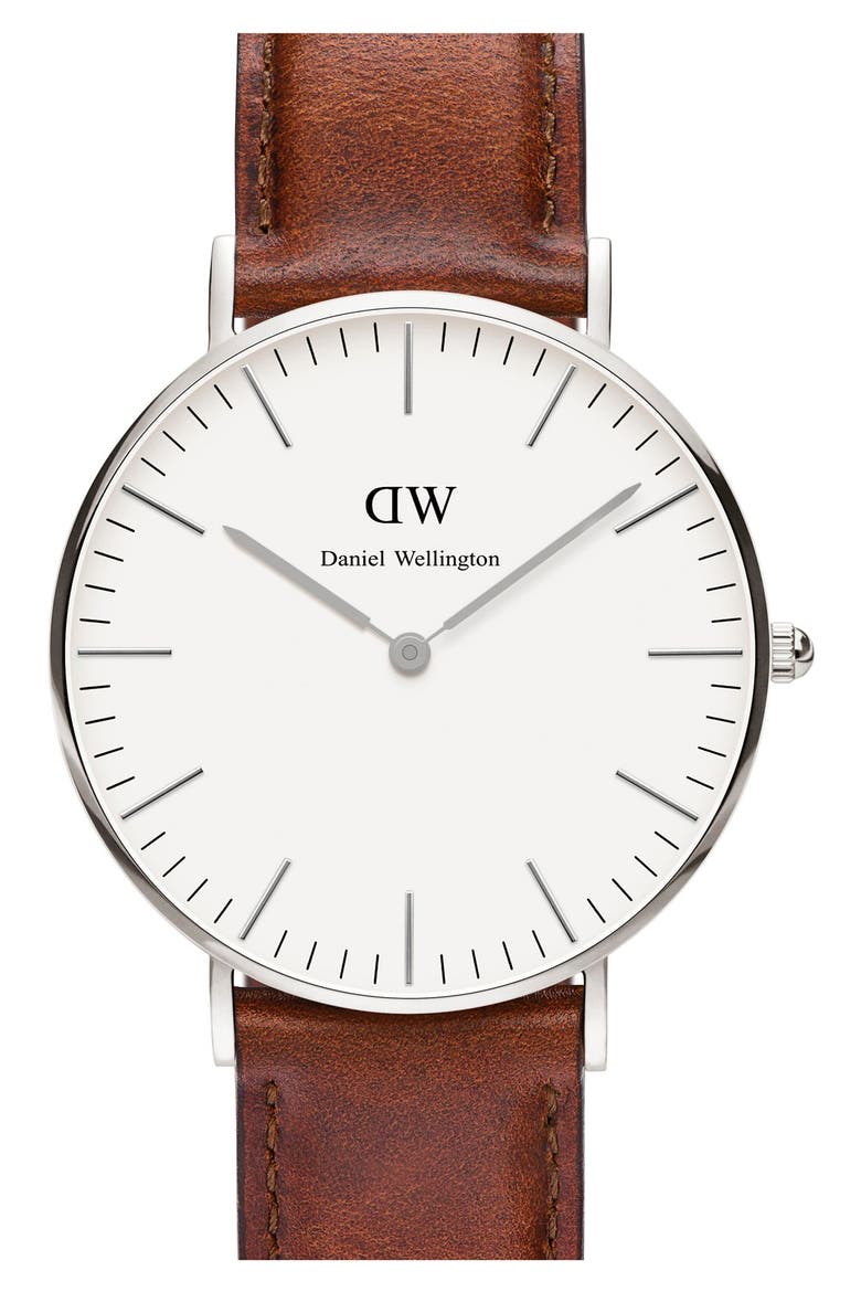 'Classic St. Mawes' Leather Strap Watch, 36mm, Main, color, BROWN/ SILVER