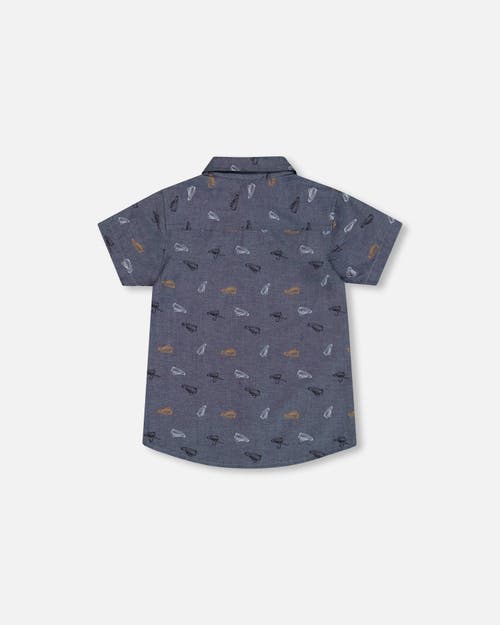 Deux Par Deux Boy's Printed Chambray Short Sleeve Shirt Gray, White And Tan In Gray