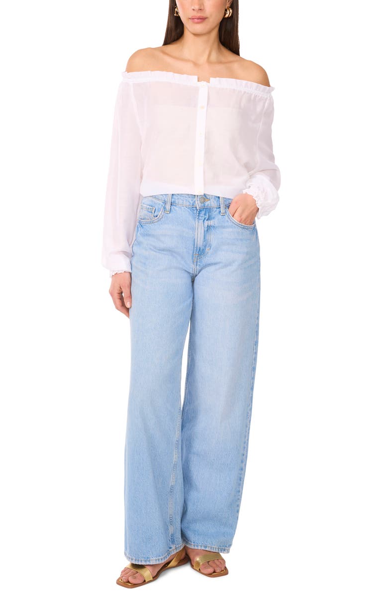 Two by Vince Camuto Off the Shoulder Long Sleeve Button-Up Top, Alternate, color, Ultra White