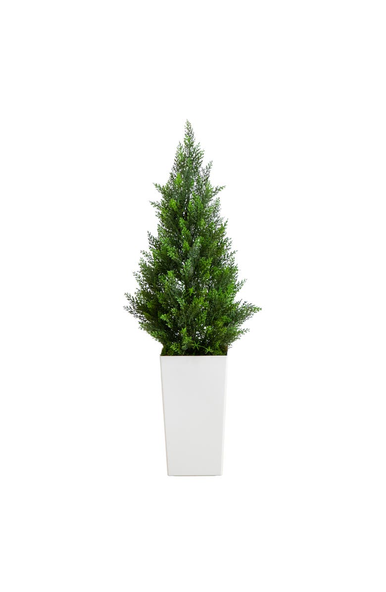 NEARLY NATURAL 3-ft UV Resistant Artificial Cedar Tree in White Tower Planter, Main, color, Green