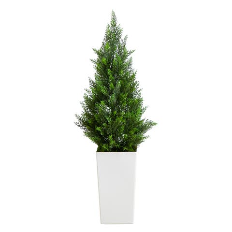 3-ft UV Resistant Artificial Cedar Tree in White Tower Planter (Indoor/Outdoor)