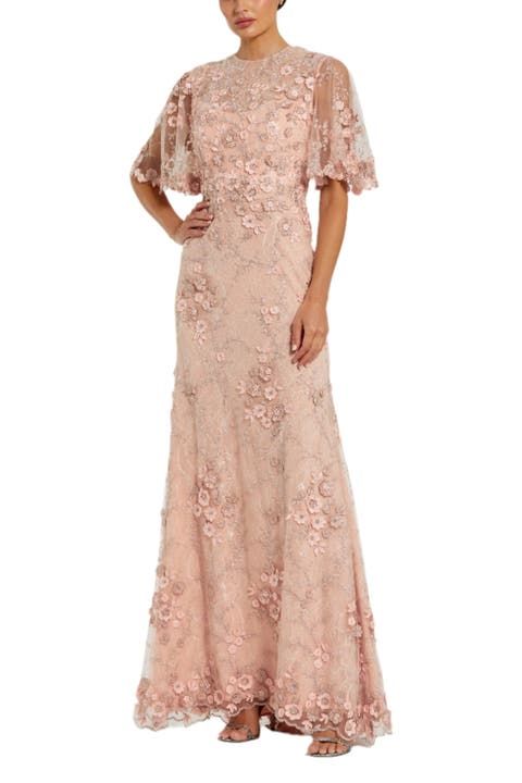 Flutter Sleeve Floral Emboridered Net Gown