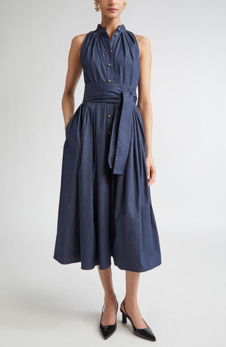 Carolina Herrera Sleeveless Cotton Blend Belted Shirtdress, Main, color, Dark Navy