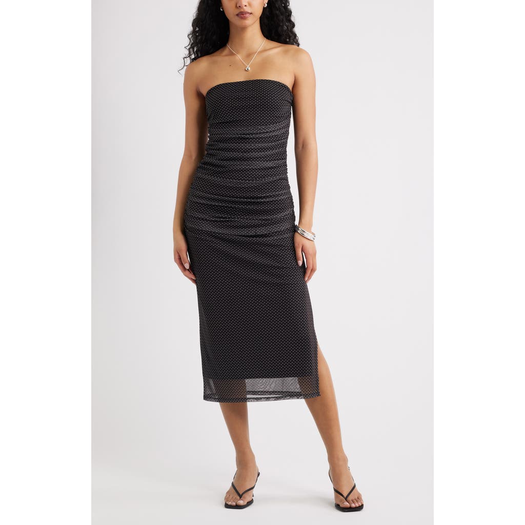 Open Edit Ruched Strapless Mesh Dress In Black