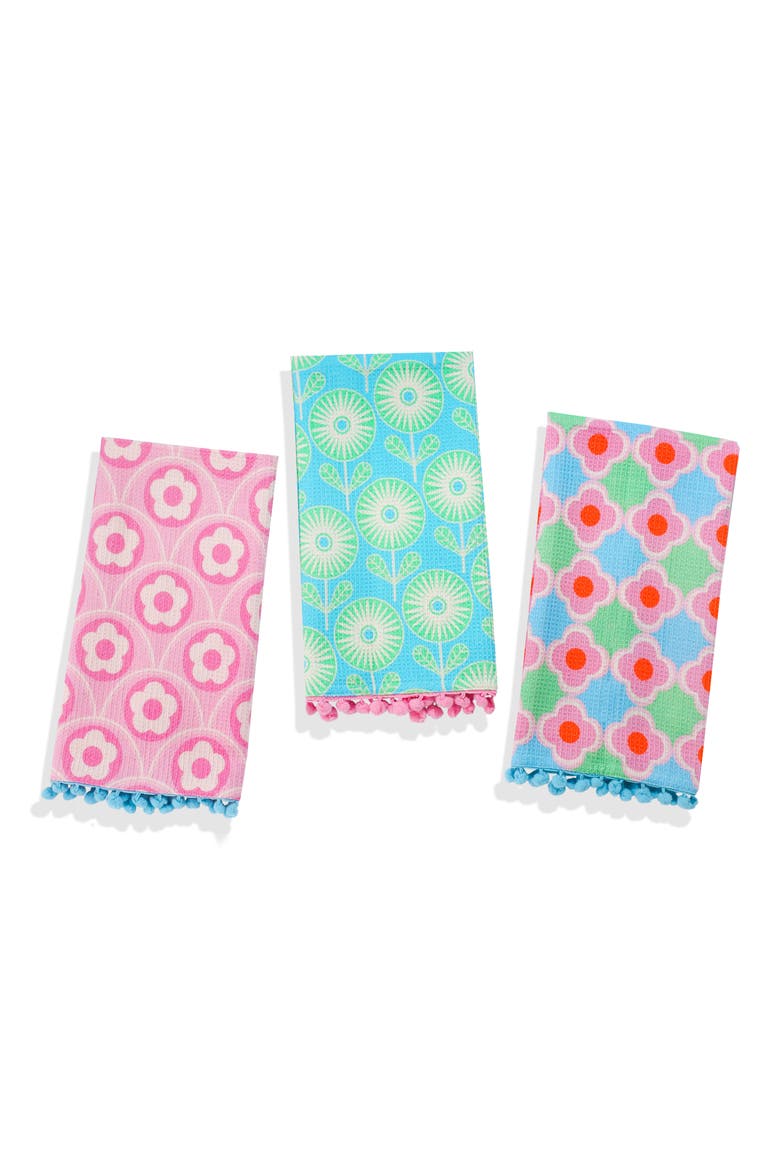 Retro Pop Floral Set of 3 Kitchen Towels, Main, color, PINK/ AQUA BLUE/ GREY