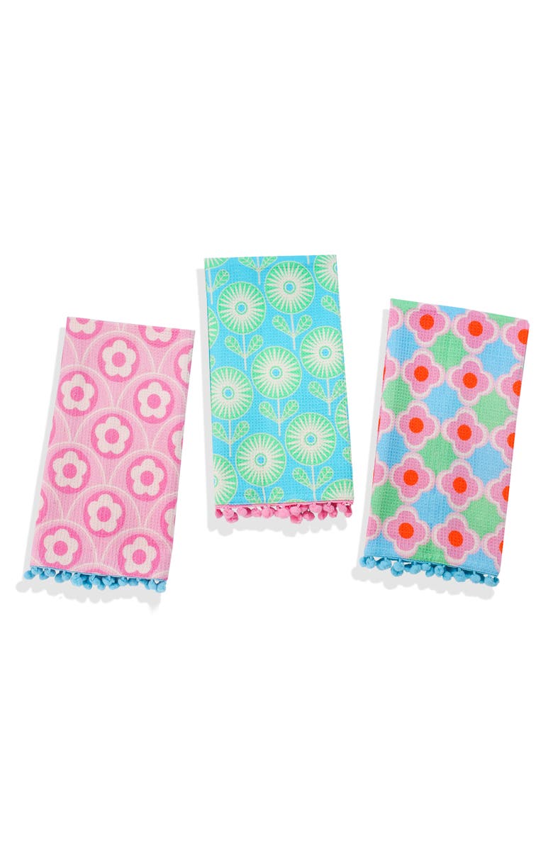 Tiramisu Retro Pop Floral Set of 3 Kitchen Towels, Main, color, Pink/ Aqua Blue/ Grey