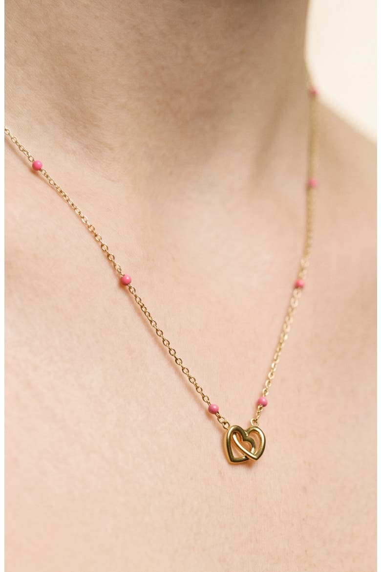 Pink Enamel Interlock Heart Charm Necklace, Alternate, color, GOLD