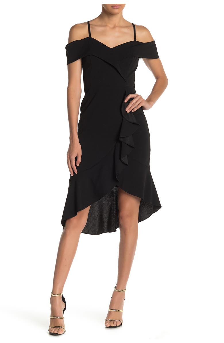 bebe Cold Shoulder Ruffle Hem Midi Dress, Main, color,