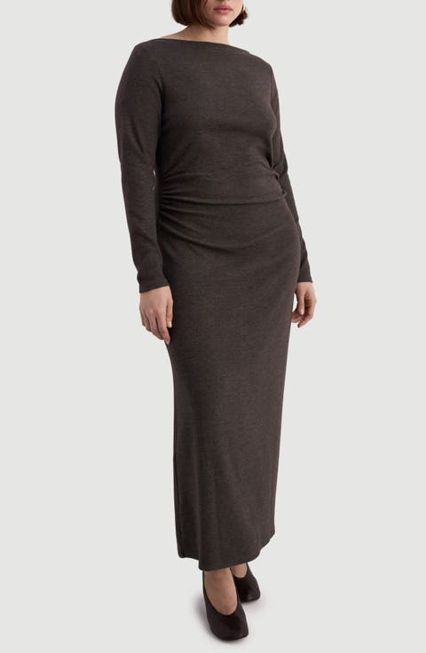 Ruched Long Sleeve Knit Maxi Dress (Plus)