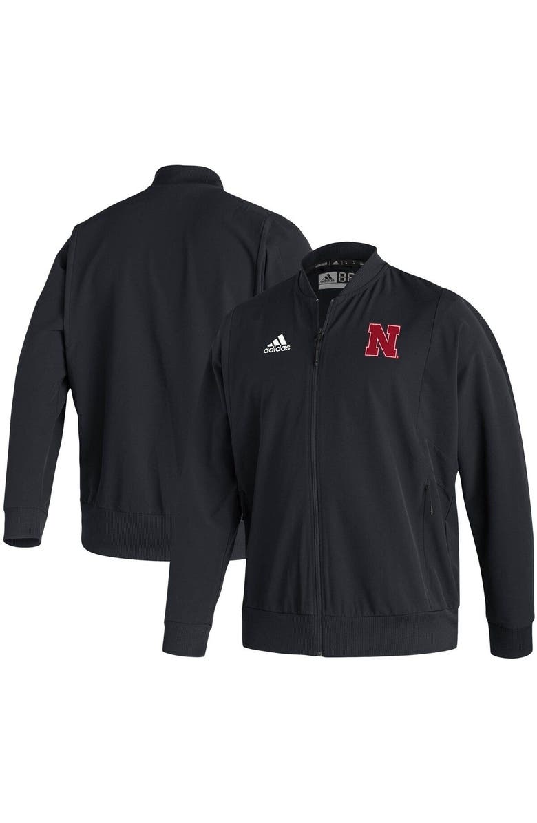 adidas Men's adidas Black Nebraska Huskers 2021 Sideline Woven Primeblue Full-Zip Bomber Jacket, Main, color,