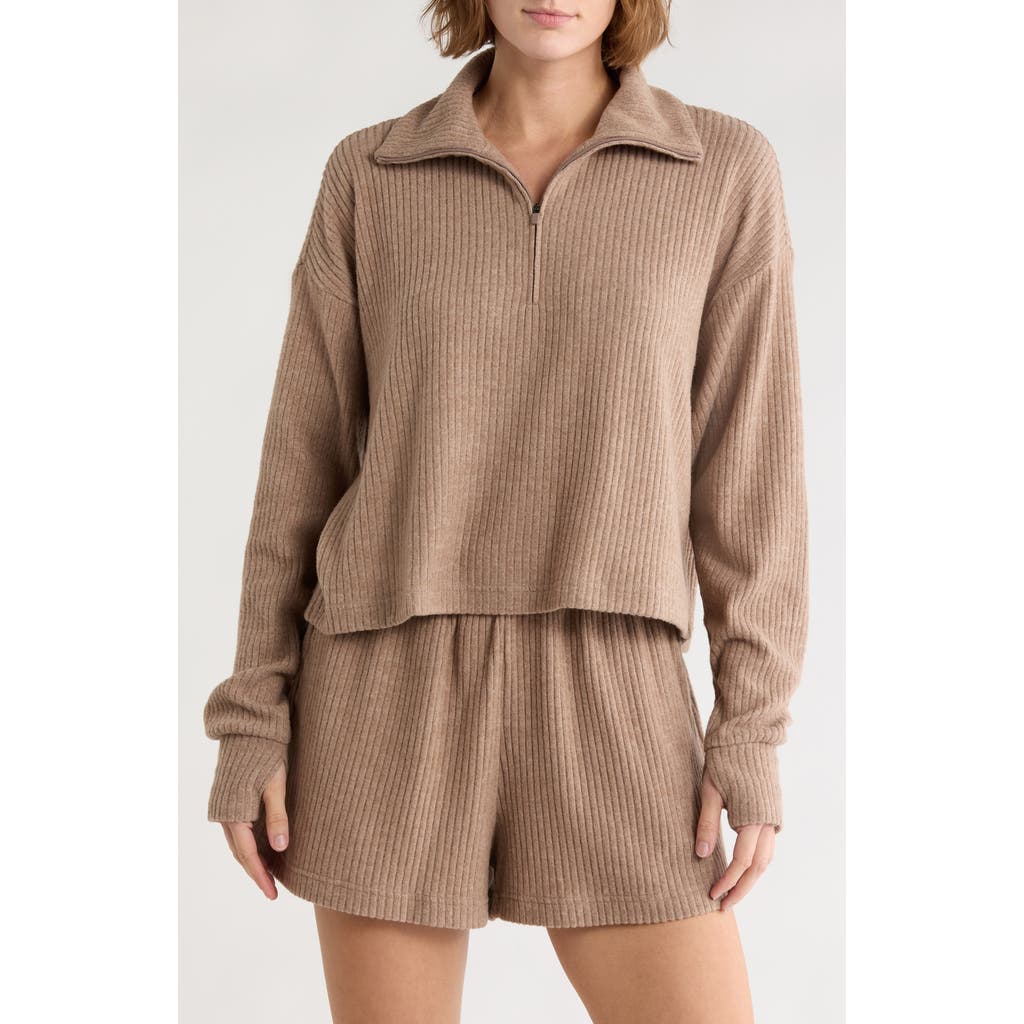 90 Degree By Reflex Brooklyn Rebel Rib Knit Half Zip Sweatshirt In Brown