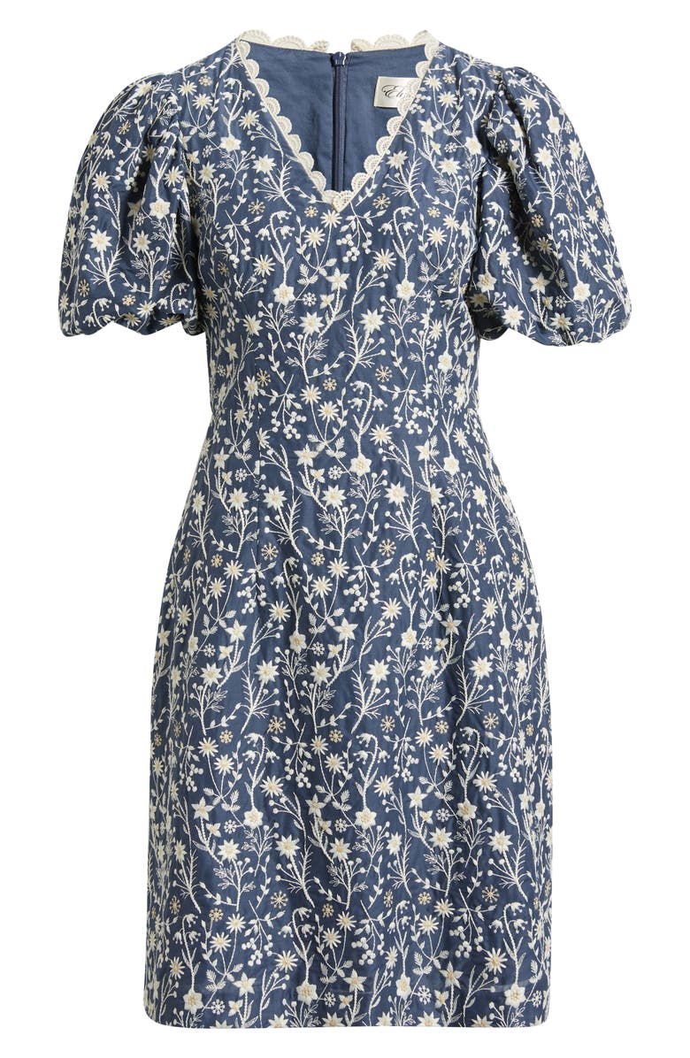 Eliza J Embroidered Puff Sleeve Dress, Alternate, color, Denim