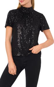 CeCe Sequin Mock Neck Top