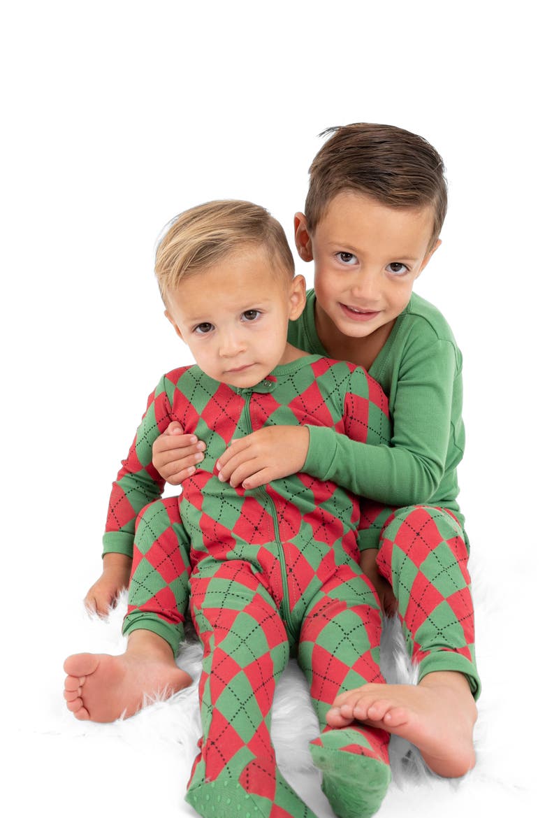 Kids Footed Printed Cotton Matching Family Holiday Pajamas, Argyles & Holiday Prints, Alternate, color, Argyle Red & Green