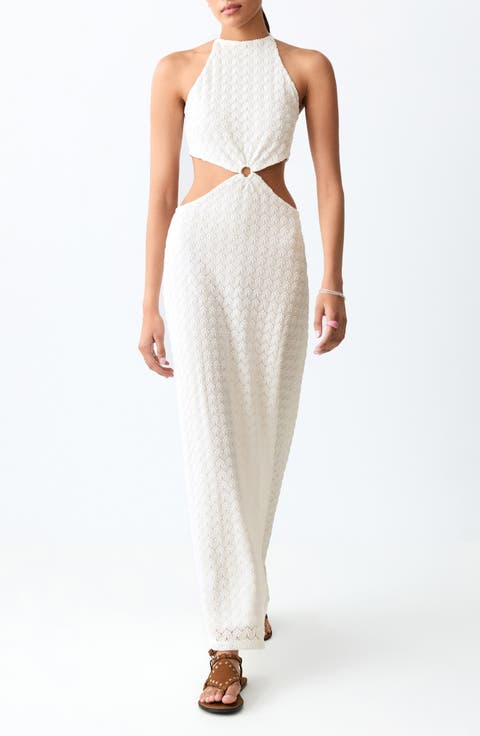 Embroidered Cutout Halter Maxi Dress