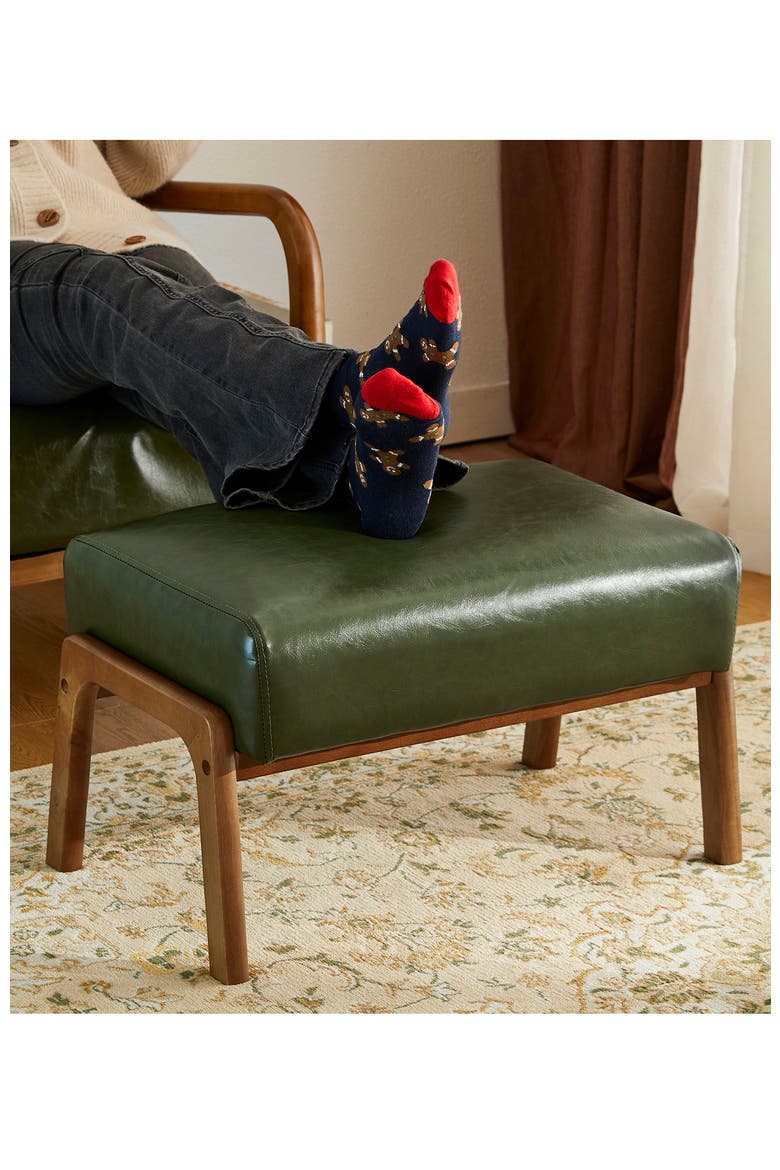 Mid-century Modern Faux Leather Accent Stool with Walnut Rubberwood Legs, Alternate, color, Green
