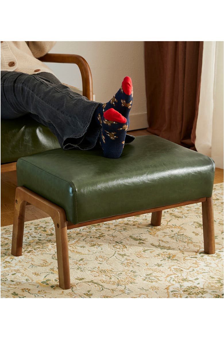 Glitzhome Mid-century Modern Faux Leather Accent Stool with Walnut Rubberwood Legs, Alternate, color, Green