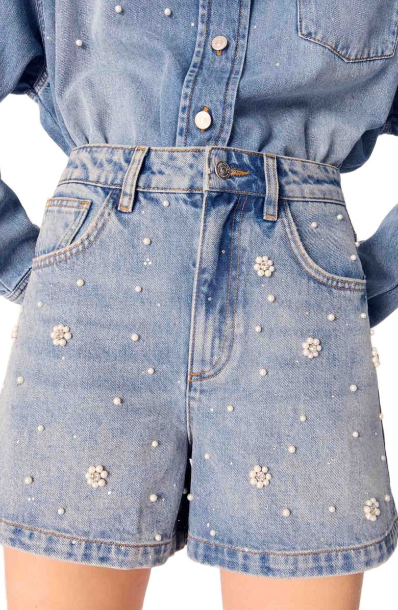 maje Denim shorts with embroidered beads, Alternate, color,