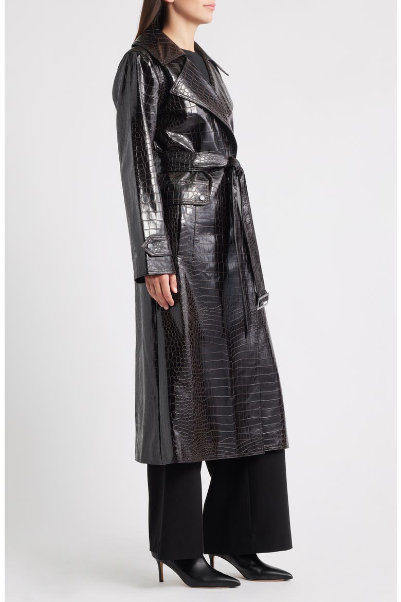 Croc Embossed Faux Leather Trench Coat, Alternate, color, BROWN