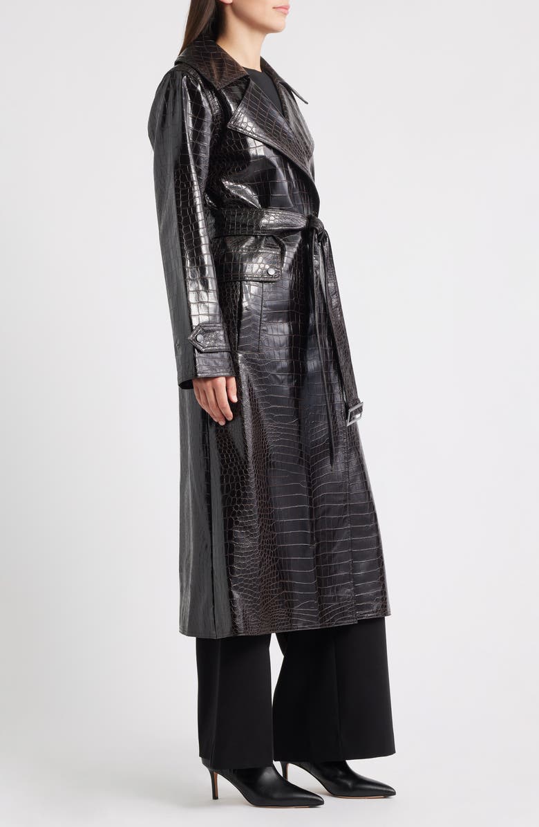 Bernardo Croc Embossed Faux Leather Trench Coat, Alternate, color, Brown