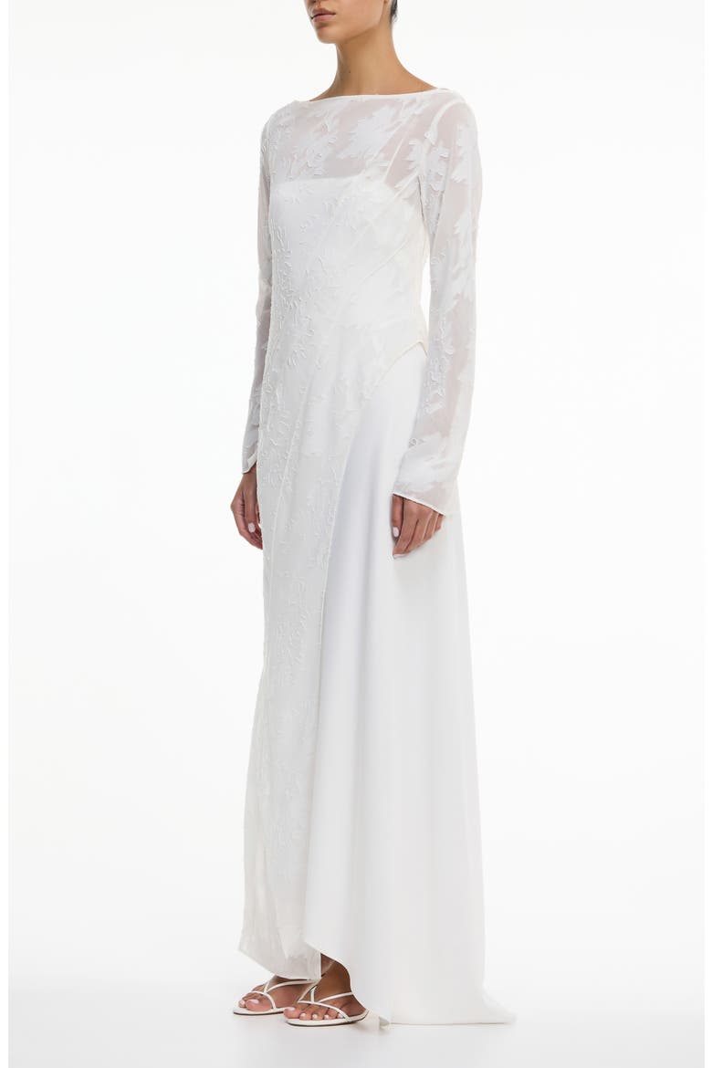 Pola Floral Burnout Sheer Long Sleeve Maxi Cocktail Dress, Alternate, color, IVORY