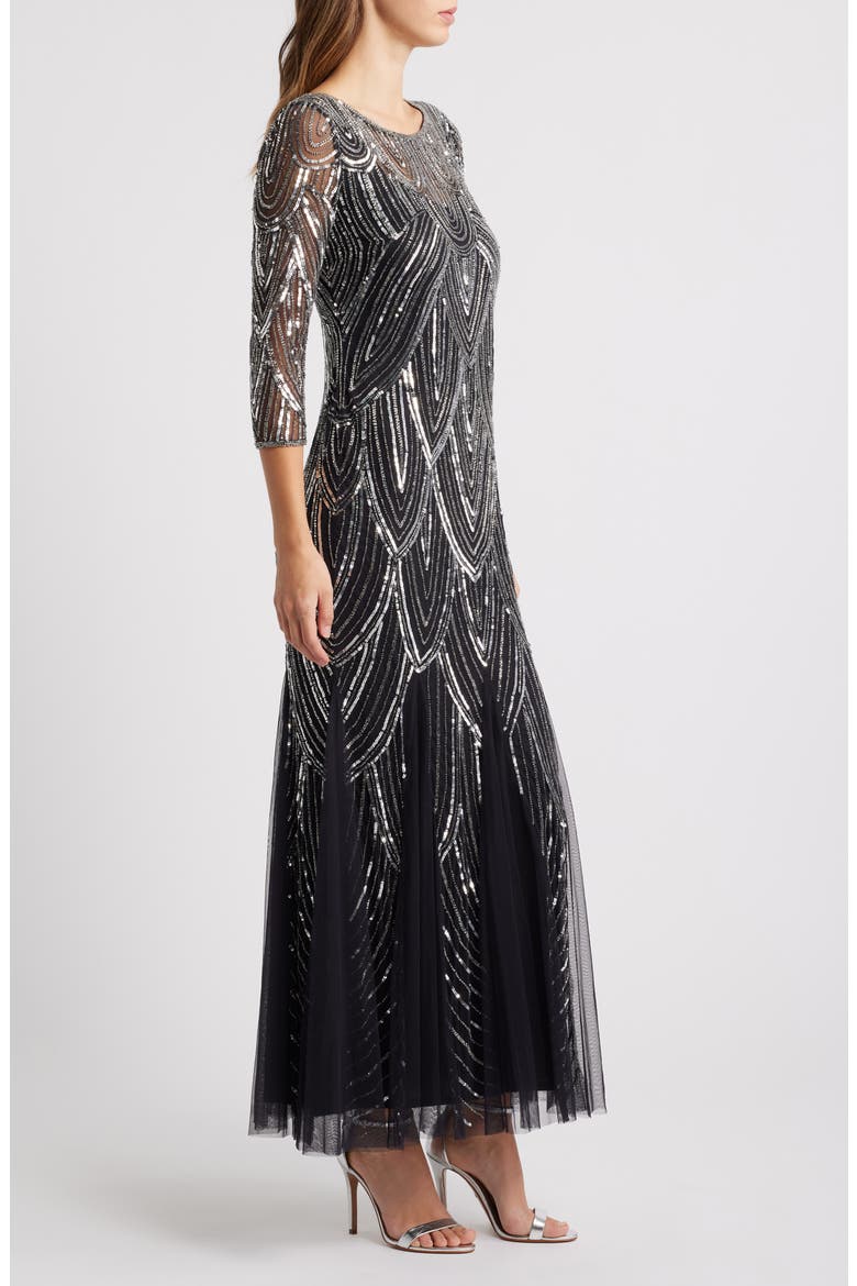 Beaded Illusion Neck Gown, Alternate, color, BLACK/ SILVER