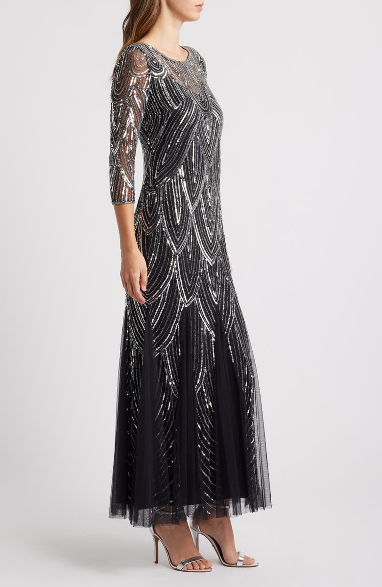 Pisarro Nights Beaded Illusion Neck Gown, Alternate, color, Black/ Silver