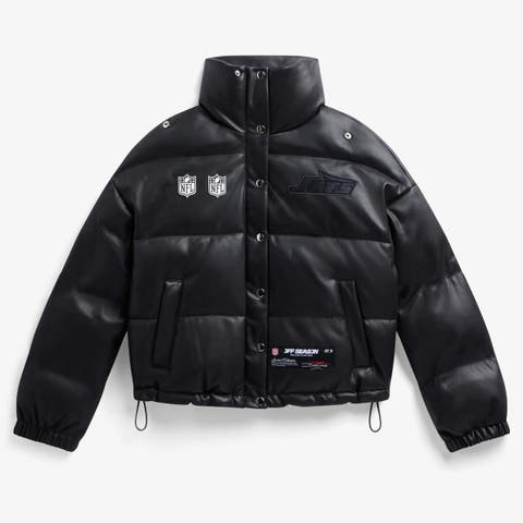 Women's  Black New York Jets Faux Leather Puffer Jacket