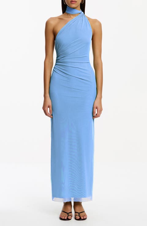 Avni Asymmetric Halter Neck Mesh Gown