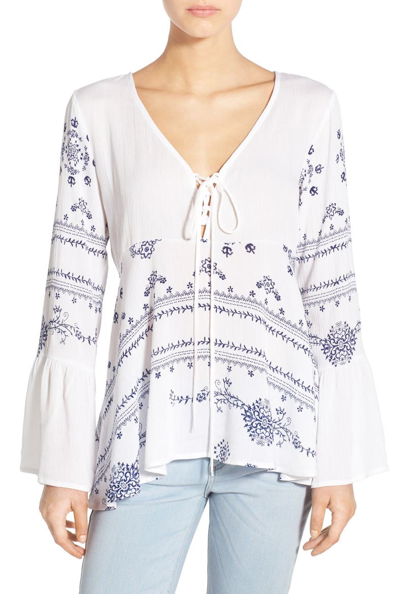 Print Lace-Up Peasant Top, Main, color, WHITE BANDANA PRINT