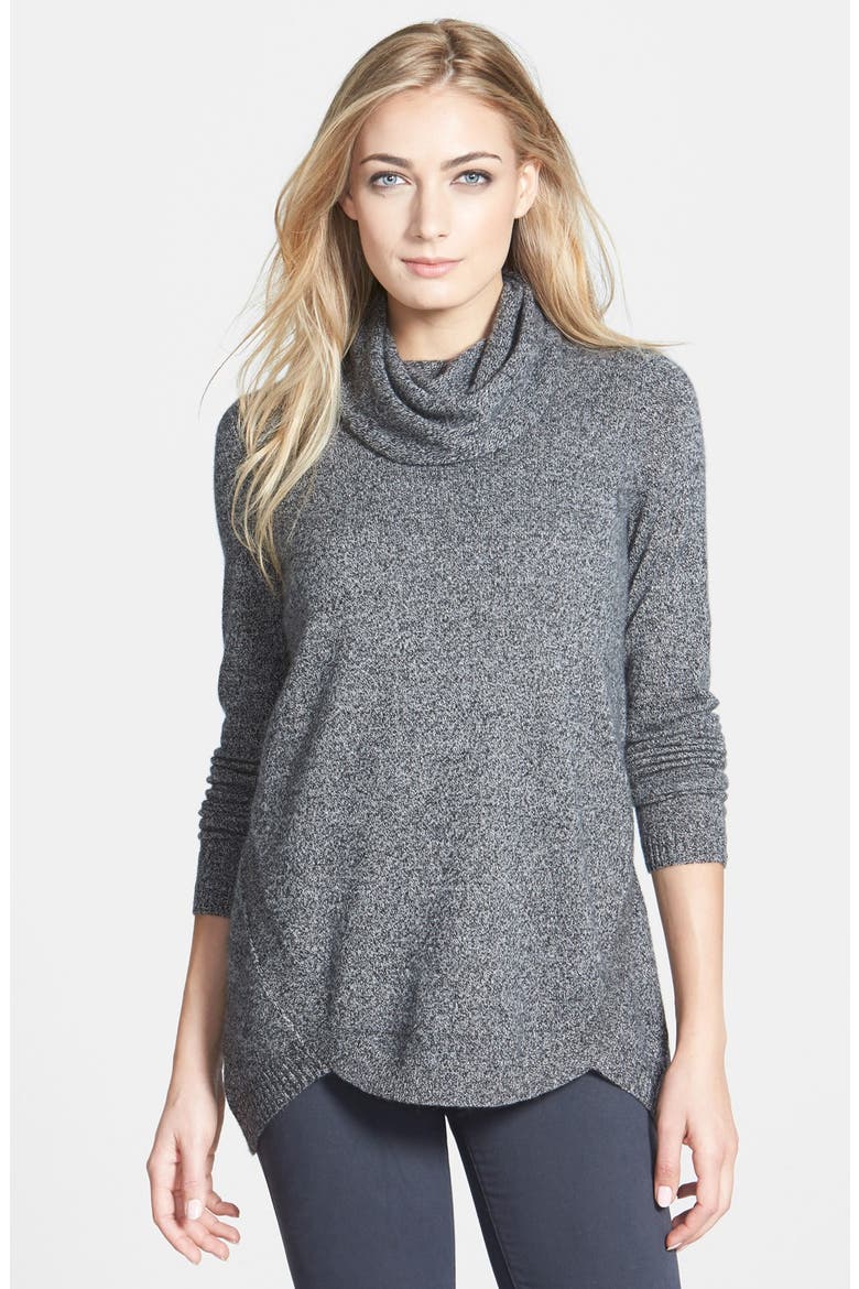 Curved Hem Cashmere Scrunch Neck Sweater, Main, color, BLACK MARLED