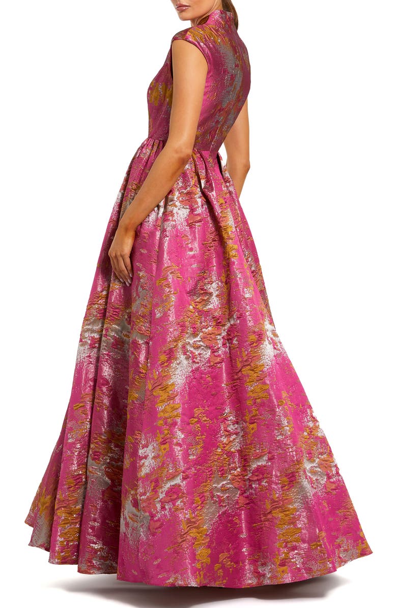 Mac Duggal Metallic Jacquard Ball Gown with Notched Collar and Cap Sleeves, Alternate, color, Raspberry Multi