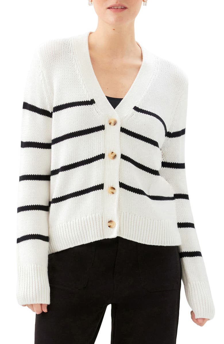 Karen Kane Stripe Stretch Cotton Blend Cardigan Sweater, Main, color, Off White W/ Black