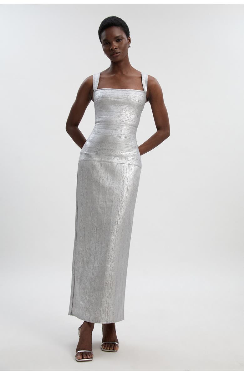 Karen Millen Metallic Strappy Knit Maxi Dress, Main, color, Silver