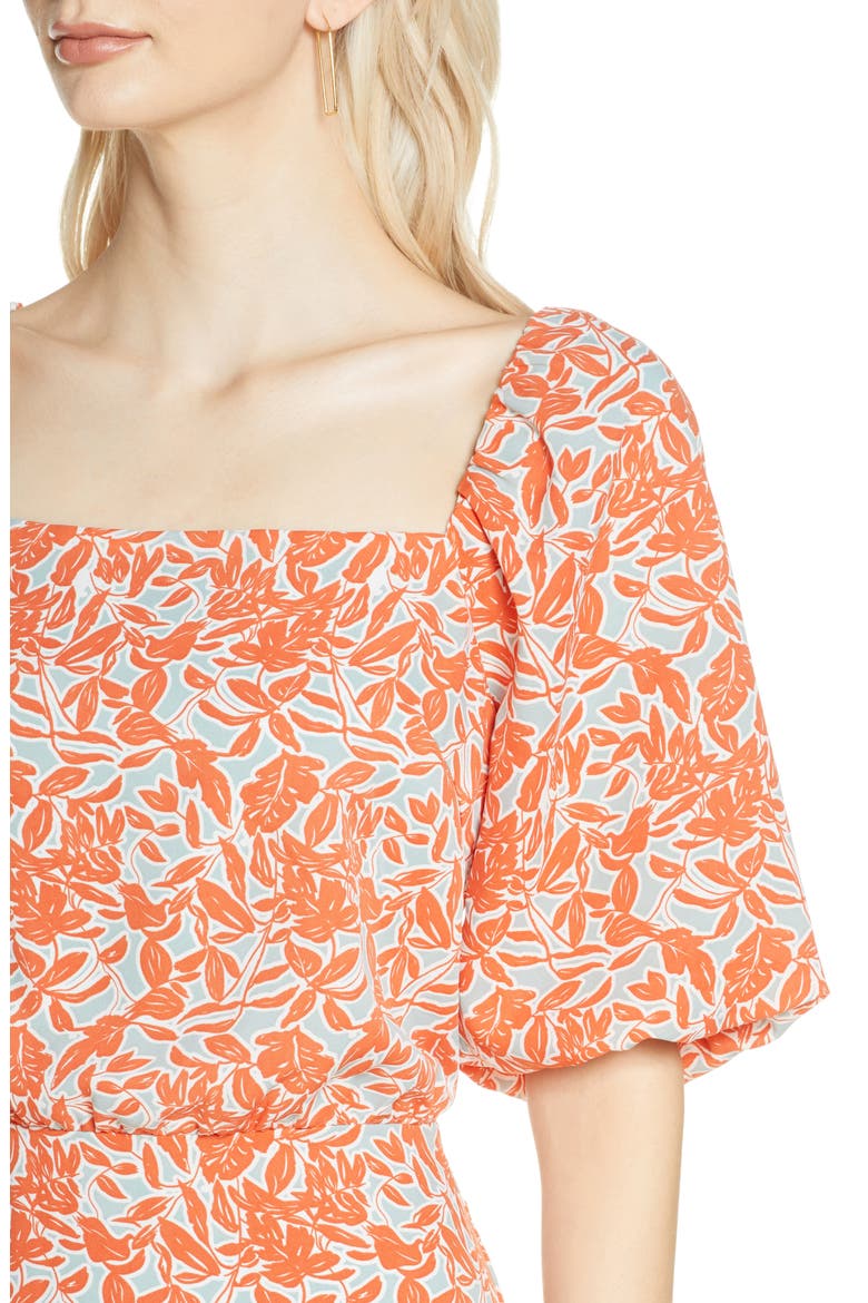 Floral Print Blouson Midi Dress, Alternate, color, ORANGE- BLUE FLORAL PRINT