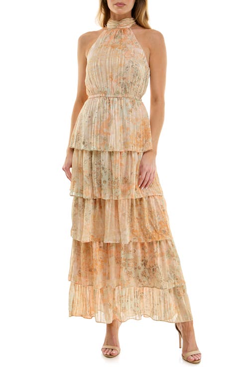 Plissé Tiered Maxi Halter Dress
