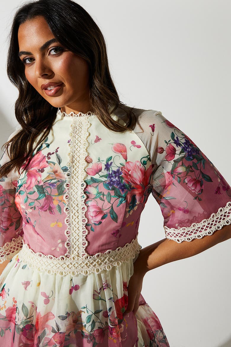 Organza Floral Tiered Lace Trim Dress, Alternate, color, Multi